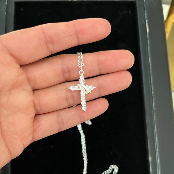 Silver Zircon Cross Pendant Necklace w/ Rotatable Crown 18” Chain Gifts For Her - Picture 4 of 10